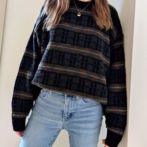 Vintage Plaid Abstract Patterned Textured Crewneck Sweater In Black/Brown